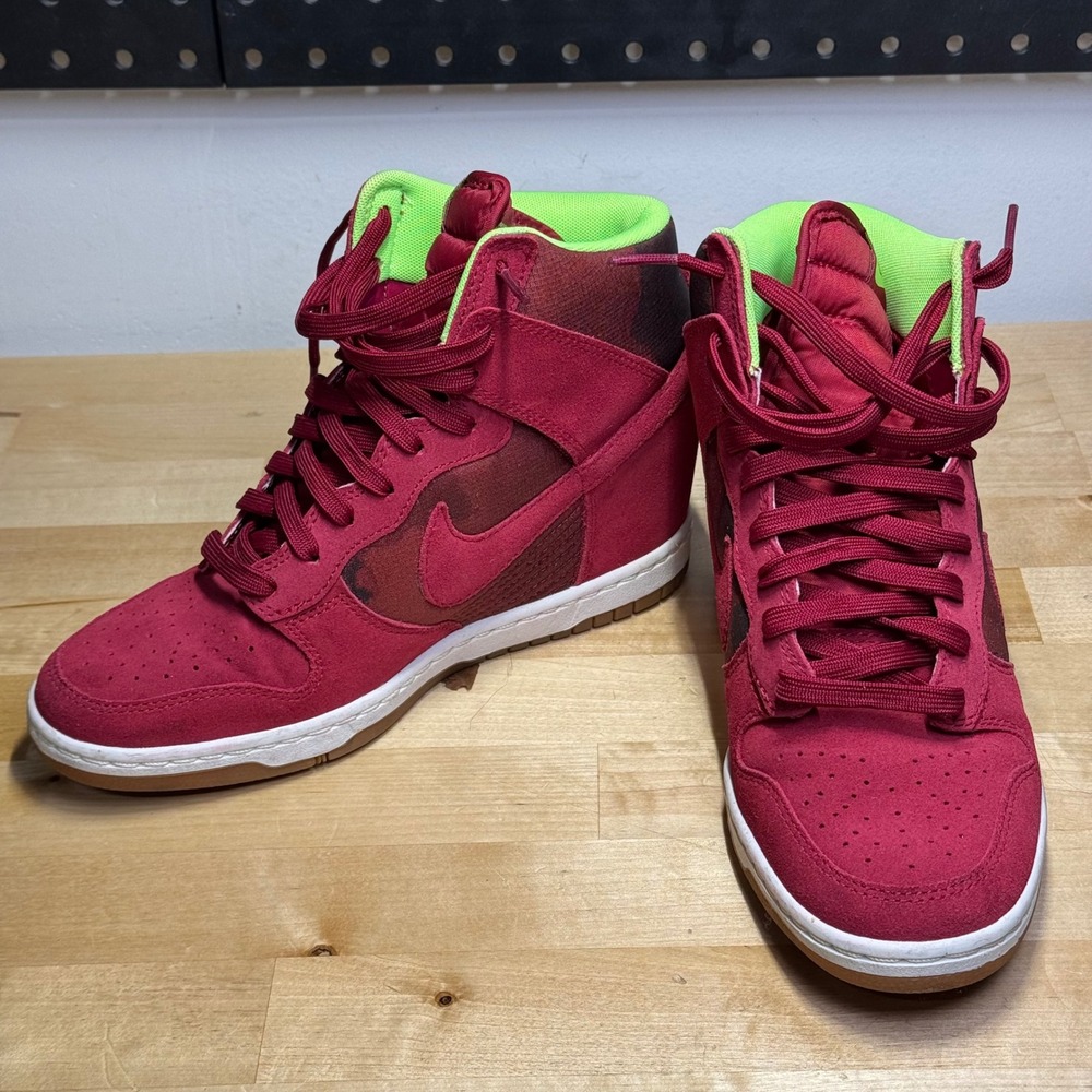 Nike Dunk Sky Hi Noble Red Lime Hidden Wedge Sneakers 543258-601 Womens 9.5